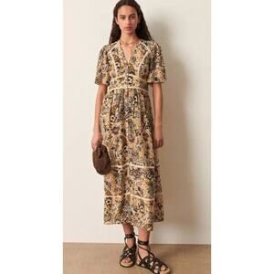 Ba&Sh Benja Paisley Print Maxi Dress XS Blue Yellow Floral Boho Cottage Summer